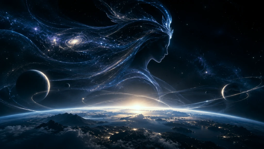 A luminous figure of intelligence rising over the Earth