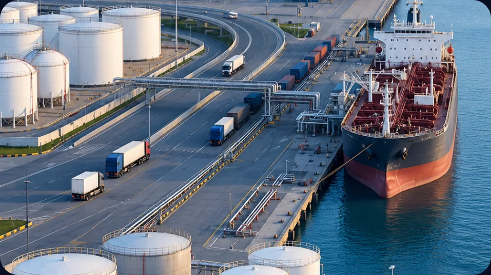Oil storage tanks and a tanker docked at a refinery port